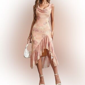 Orange fitted dress drape collar with ruffle asymmetric hem